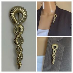 Vintage Gold Tone & Rhinestone Ribbon Swirl Brooch